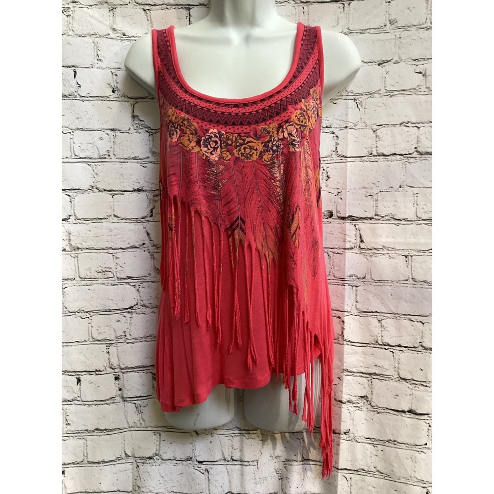 Spoiled Womens Boho Fringe Tank Top Coral Pink Feather Floral Racerback Large